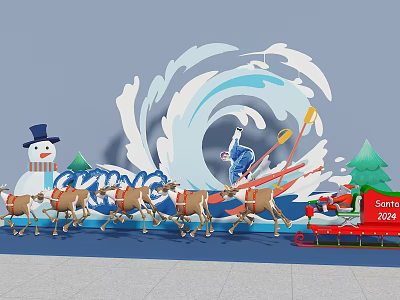 Christmas Scene With Snowman Reindeer Sleigh Santa And Wave Background 2024 3d model