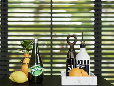 Kitchen Countertop Display With Window Blinds Marble Tray Lemon Perrier And Orange 3d model