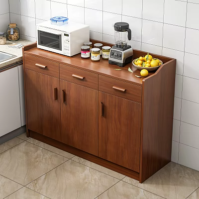 Practical Wooden Kitchen Sideboard With Drawers Cabinet Doors Microwave Blender Jars And Fruit Bowl 3d model
