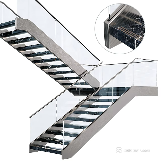 Modern Floating Staircase With Glass Railing And Marble Steps Interior Design 3d model 