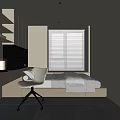 Modern Minimalist Tatami Bedroom Interior With Desk Table Lamp Shelves Black Grid Cabinet And Blinds