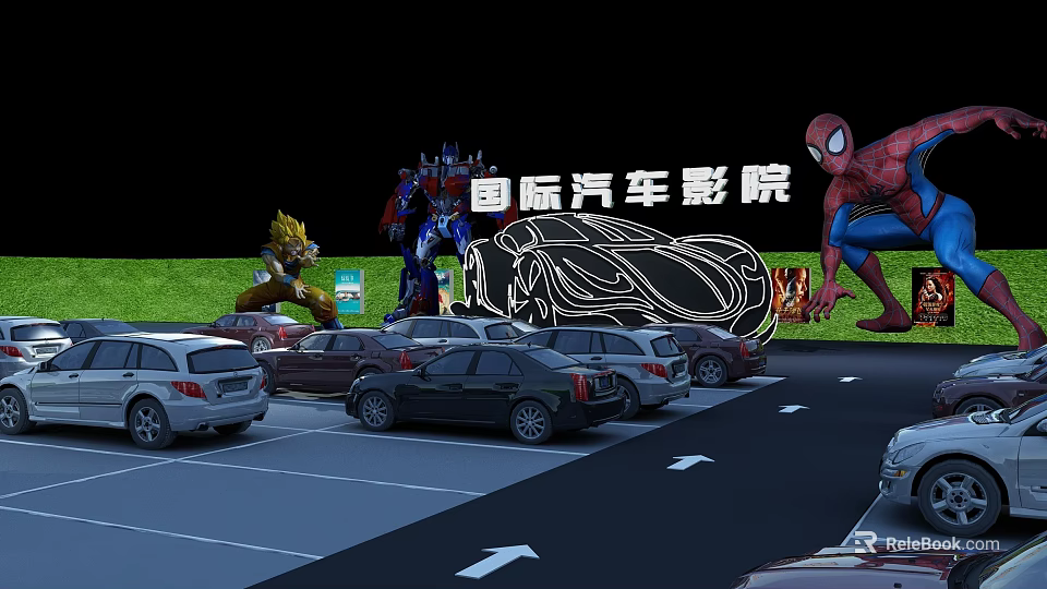 Scenic Garden Landscape with Green Lawn Parking Lot and Cartoon Characters at Car Cinema 3d model 