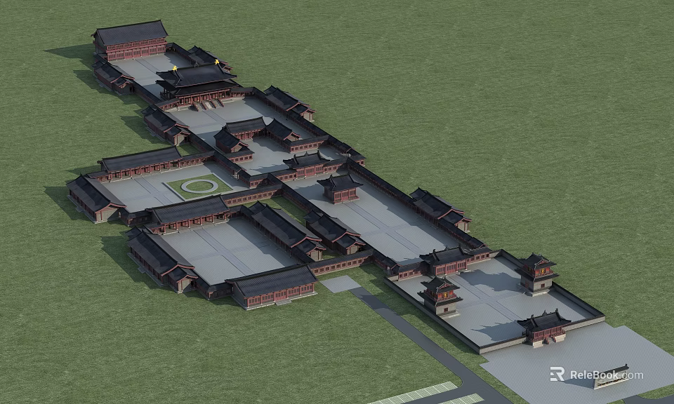 Traditional Chinese Ancient Architecture Complex With Symmetric Courtyard Layout And Classic Tile Roofs 3d model 