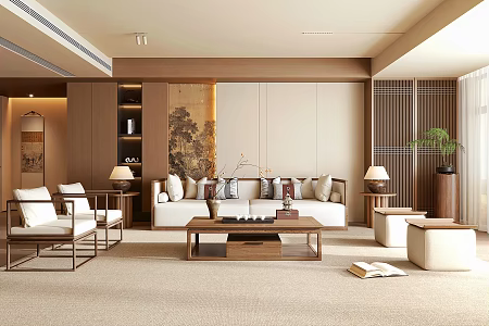 New Chinese Style Living Room New Chinese Style Combination Sofa Coffee Table New Chinese Style Sofa Background Wall Potted Green Plant 3d model