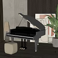 Black Grand Piano And Art Decor In Modern Interior With Stool Lamp And Plant