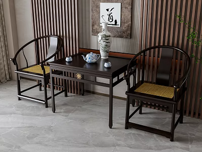 Traditional Chinese Dark Wood Table Chair Set With Vase Tea Set And Wooden Lattice Wall 3d model