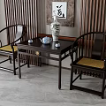 Traditional Chinese Dark Wood Table Chair Set With Vase Tea Set And Wooden Lattice Wall