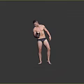 Shirtless Muscular Man In Dark Underwear Holding Dumbbell Exercising Gray Background Fitness Pose