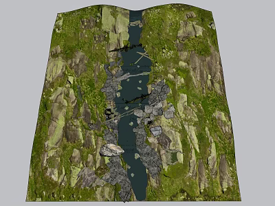 Waterfront Landscape Featuring Lush Green Vegetation Rocky Terrain And Serpentine Water Body With Connecting Pathways 3d model