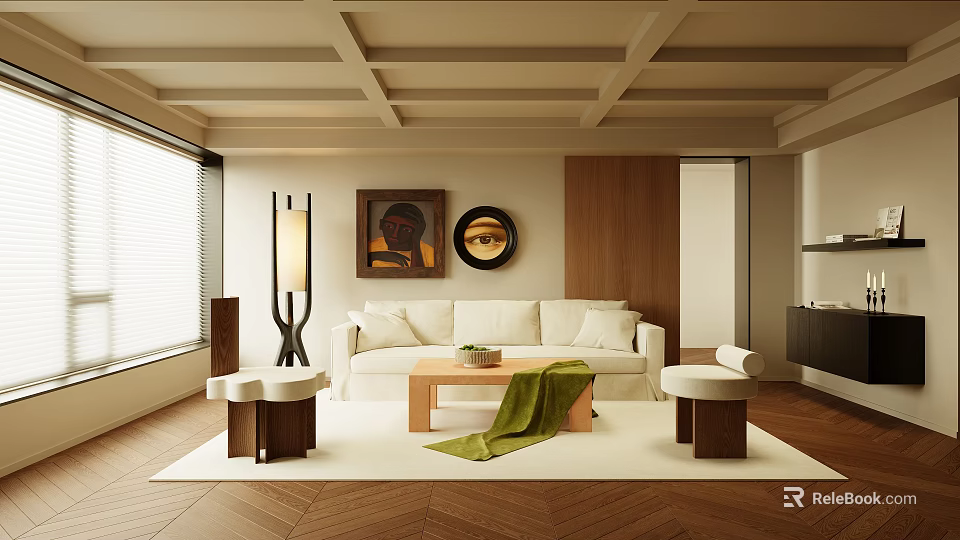Modern Living Room Interior With White Sofa Wooden Coffee Table Floor Lamp And Wall Art 3d model 