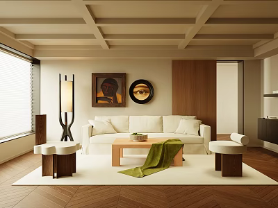 Modern Living Room Interior With White Sofa Wooden Coffee Table Floor Lamp And Wall Art 3d model