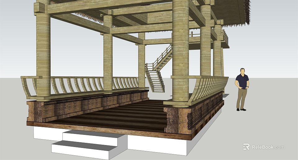 Wooden Outdoor Pavilion Structure Model With Staircase Railing Platform And Human Figure 3d model 