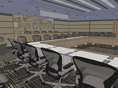 Modern Conference Room Interior Design With Long Table Comfortable Chairs And Stone Wall 3d model