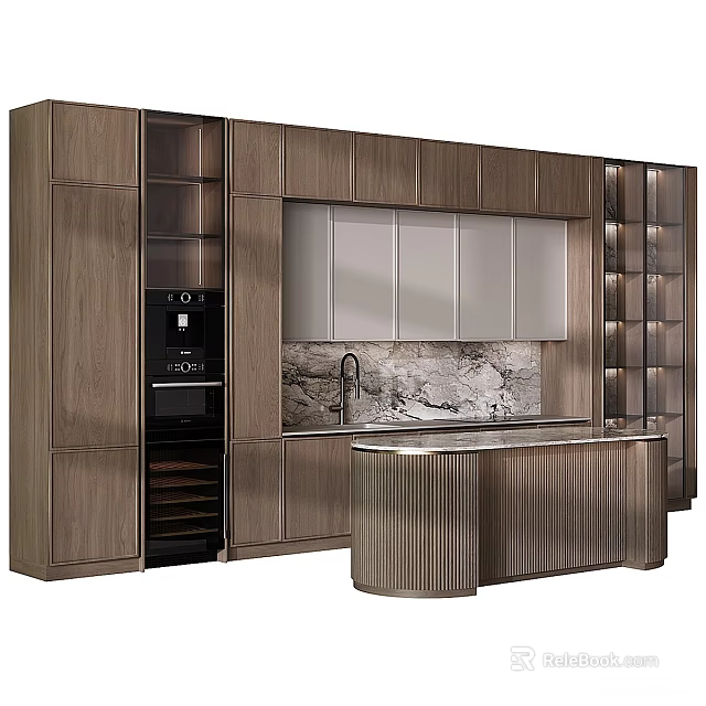 Modern Kitchen Design With Wooden Cabinets Built in Appliances Marble Backsplash And Curved Island 3d model 