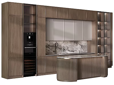 Modern Kitchen Design With Wooden Cabinets Built in Appliances Marble Backsplash And Curved Island 3d model