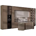 Modern Kitchen Design With Wooden Cabinets Built in Appliances Marble Backsplash And Curved Island