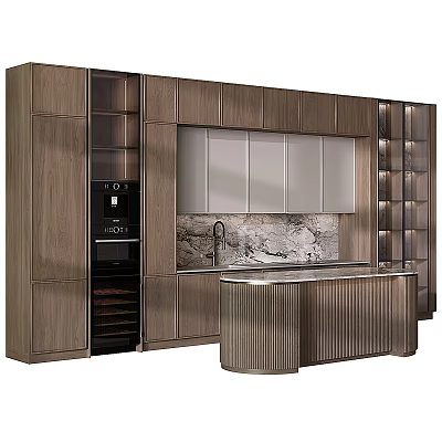Modern Kitchen Design With Wooden Cabinets Built in Appliances Marble Backsplash And Curved Island 3d model