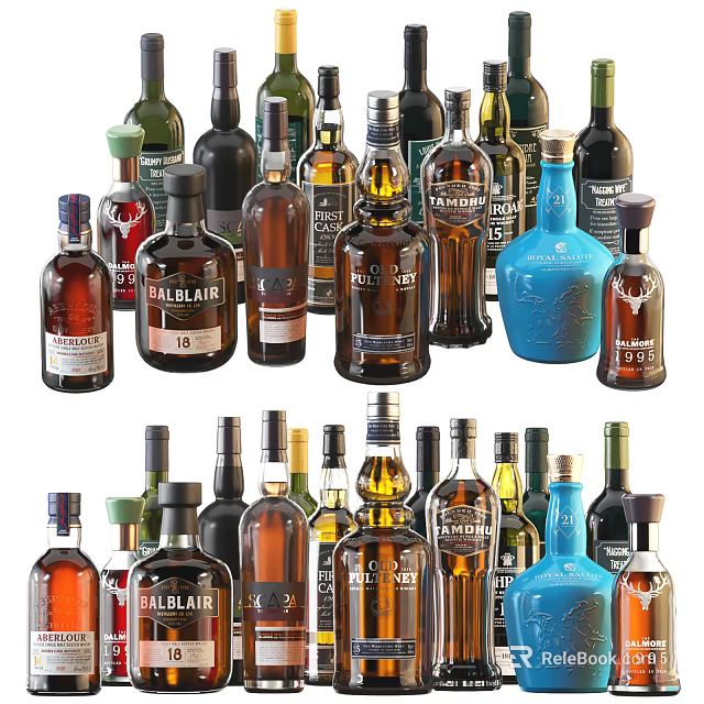 Assorted Wine Bottles And Wine Glasses Collection With Various Brands And Colorful Designs 3d model 