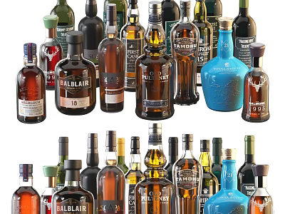 Assorted Wine Bottles And Wine Glasses Collection With Various Brands And Colorful Designs 3d model