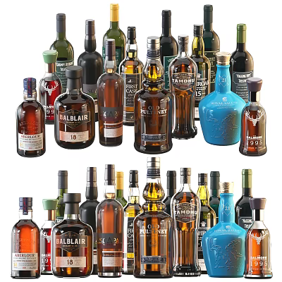 Assorted Wine Bottles And Wine Glasses Collection With Various Brands And Colorful Designs 3d model