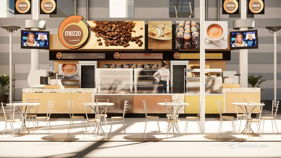 Mezzo Dessert Shop Modern Interior With Coffee Beans Pastries Display Counter And Seating Area 3d model 