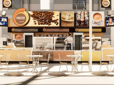 Mezzo Dessert Shop Modern Interior With Coffee Beans Pastries Display Counter And Seating Area 3d model