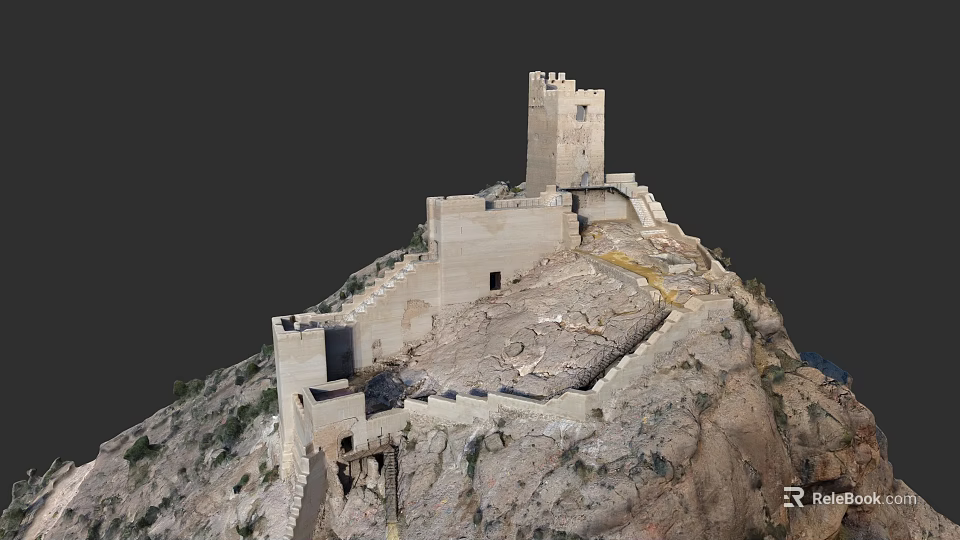 Garden Landscape Featuring Ancient Stone Castle Tower And Stone Walls On Mountain Terrain 3d model 