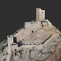 Garden Landscape Featuring Ancient Stone Castle Tower And Stone Walls On Mountain Terrain