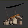Traditional Street Food Stall With Canopy Wooden Display And Food Bowls Sacks