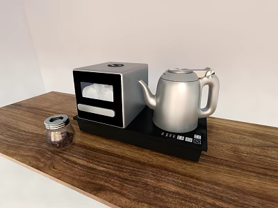 Stylish Kitchen Countertop With Silver Electric Kettle Coffee Maker And Glass Jar 3d model
