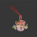 Japanese Ramen Bowl with Chopsticks Noodles and Red Circle Design Surrounded by Blue Flowers