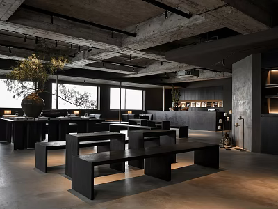 Modern Open Public Office Space With Black Benches Large Windows Concrete Ceiling And Green Plants 3d model