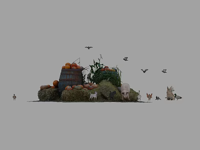 Farm Scene Featuring Reptile Among Pumpkins Corn Haystack and Wooden Barrel 3d model