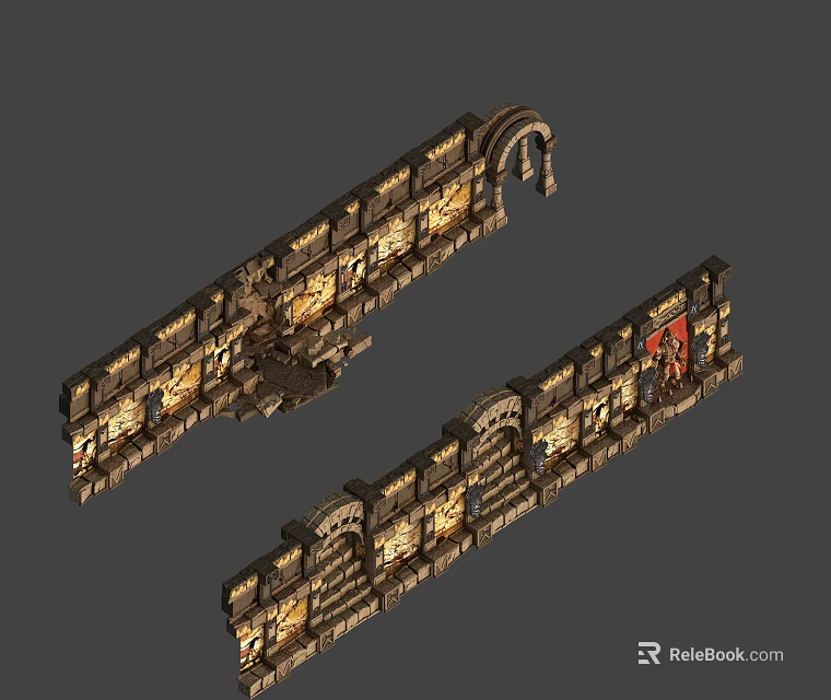 Cartoon Castle Walls With Arches Brick Textures Lit Windows And Flags 3d model 