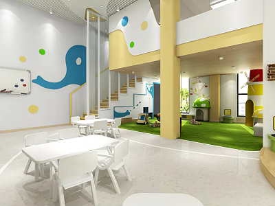 Kindergarten Interior Featuring Colorful Decorations Elephant Design White Tables Chairs Yellow Columns and Green Turf 3d model