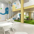 Kindergarten Interior Featuring Colorful Decorations Elephant Design White Tables Chairs Yellow Columns and Green Turf