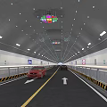 Road Tunnel Facilities Featuring Lane Markings Directional Arrows Guardrails Ceiling Lights and Billboards