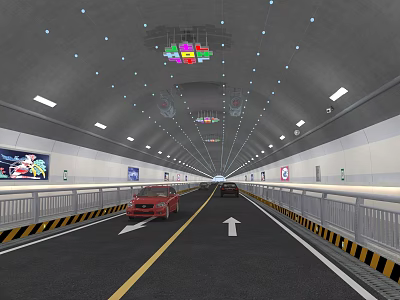 Road Tunnel Facilities Featuring Lane Markings Directional Arrows Guardrails Ceiling Lights and Billboards 3d model