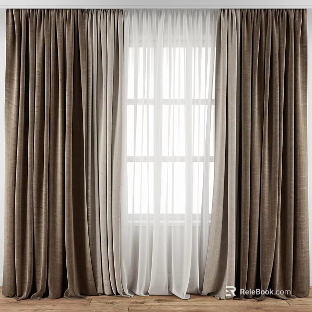 Layered Window Curtains With Brown Fabric And White Sheer Panels For Home 3d model 