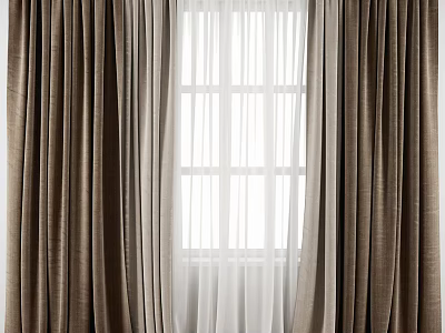 Layered Window Curtains With Brown Fabric And White Sheer Panels For Home 3d model