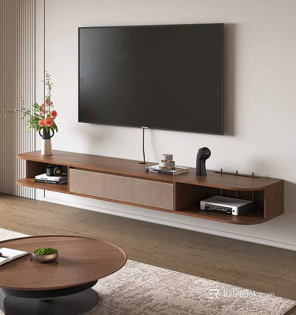 Modern Wooden Floating TV Stand With Storage Shelves And Decorative Ornaments 3d model 
