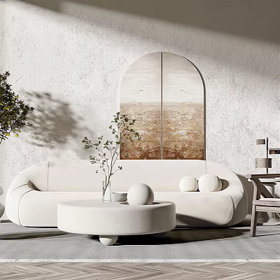 Modern White Sofa And Round Coffee Table Set With Arch Painting And Green Plant 3d model