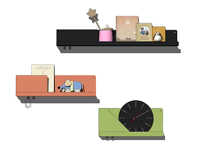 Black Orange Green Hanging Wall Cabinets with Decorative Books Elephant Clock and Stars 3d model