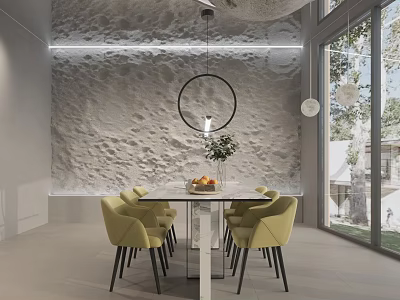Modern Minimalist Restaurant Interior With Textured Stone Wall Marble Dining Table And Stylish Upholstered Chairs 3d model