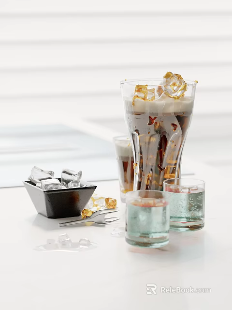 Transparent Drinking Glasses With Ice Cubes Small Glasses And Refreshing Layered Drinks 3d model 