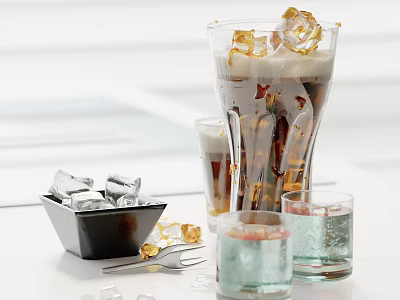 Transparent Drinking Glasses With Ice Cubes Small Glasses And Refreshing Layered Drinks 3d model