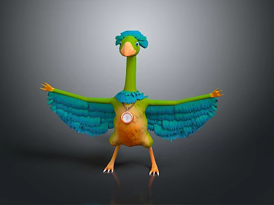 Colorful Bird with Green Blue Feathers Orange Body Round Badge Standing Spread Wings on Gray 3d model