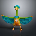Colorful Bird with Green Blue Feathers Orange Body Round Badge Standing Spread Wings on Gray