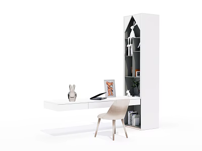 Modern Minimalist White Desk With Bookshelf Vase Phone Magazine And Chair 3d model