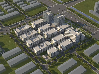 Modern Office Complex With Multiple Buildings Greenery And Surrounding Roads 3d model